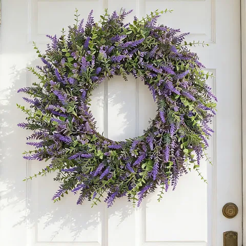 Artificial Lavender Wreath Purple Flower Wreath For Front Door Outside Spring Summer Wall Hanging Farmhouse Home Decor