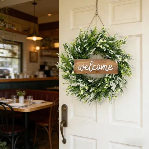 Artificial Lavender Wreath With Welcome Wood Sign Spring Farmhouse Decorative Floral Garland For Front Door Wall Home Office Decor