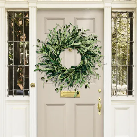 Artificial Olive Wreath Green Leaf Garland With Black Fruit For Front Door Home Kitchen Wall Hanging Decoration Wedding Party Decor