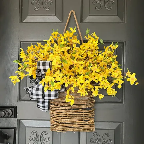 Frühling Künstlicher Gelber Blumenkranz Korb Haustür Deko Geflochtener Korb Mit Karoschleife Für Rustikale Wanddekoration Zuhause