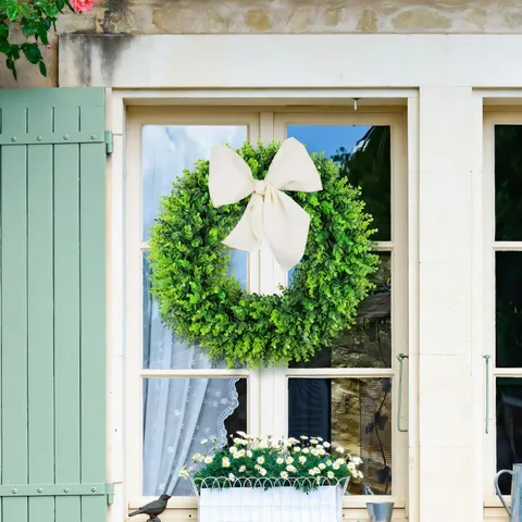 Ghirlanda Artificiale di Eucalipto Verde Bosso Ghirlanda Pieghevole Con Fiocco di Nastro per Porta d'Ingresso Parete Primavera Estate Stile Fattoria