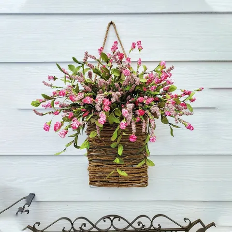 Spring Summer Pink Berry Wildflower Door Basket Wreath Artificial Rattan Hanging Flower Basket Home Wall Decor Decoration