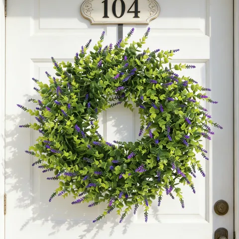 Artificial Lavender Boxwood Wreath Faux Greenery Plastic Plant Wreath For Front Door Outdoor Home Wall Decoration Farmhouse Style