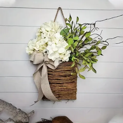 Künstlicher Hortensien Blumenkorb Kranz Rustikale Rattan Türaufhängung Frühling Seide Blumenkranz Für Haus Haustür Wand Veranda Dekoration
