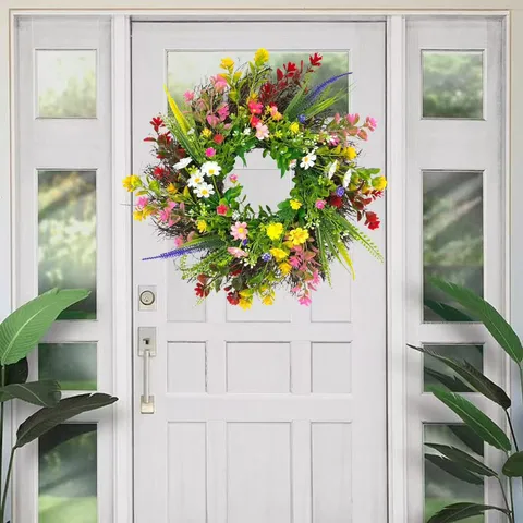 Artificial Wildflower Wreath Spring Summer Floral Door Wreath For Front Door Wall Garden Home Decor Handmade Faux Daisy Lavender Wreath