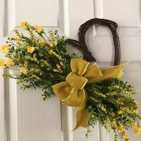 Ghirlanda da Porta a Cuore in Vite Fatta a Mano Fiori Artificiali di Lavanda Con Grande Fiocco in Iuta per San Valentino Festa della Mamma Decorazione Casa