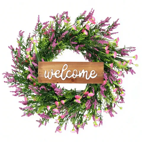 Artificial Lavender Wreath With Welcome Wood Sign Spring Farmhouse Decorative Floral Garland For Front Door Wall Home Office Decor