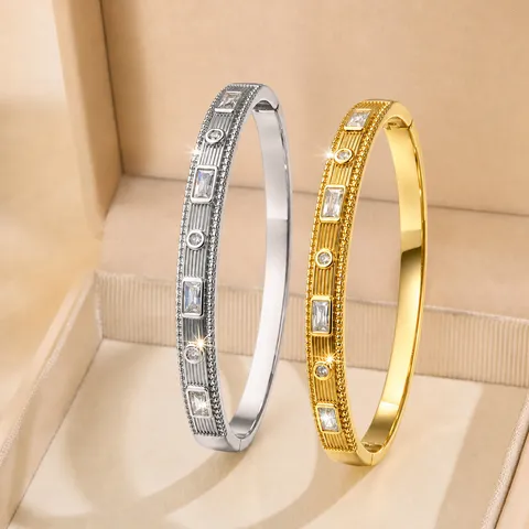 Vintage Gestructureerd Trapezium Diamant Armband Dames Elegante Strass Open Armband Woon-werk Verkeer Banket Veelzijdige Sieraden Cadeau