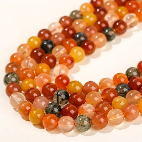 Natural Colorful Rutilated Quartz Round Loose Beads For DIY Jewelry Making Polished Crystal Stones Bracelet Findings Accessories