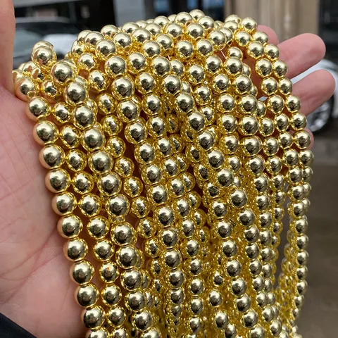 Electroplated Gold Hematite Round Beads Mirror Luster Metallic Loose Stone Beads For DIY Jewelry Making Bracelet Necklace Accessories