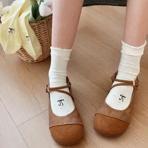 Sweet Ballet Style Hollow Bow Solid Color Jacquard Women Mid-Tube Socks Summer Thin Mesh Casual Cute Hosiery