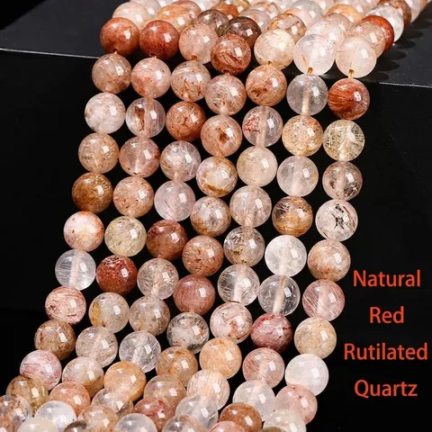 Cuentas Sueltas de Cuarzo Rutilado Rojo Natural Redondo Pulido Cristal Piedra Preciosa Hebra Para Fabricación de Joyería DIY Pulsera Collar Accesorios