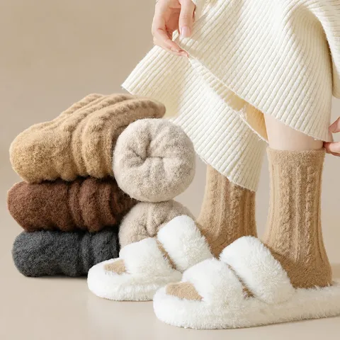 Men Winter Warm Thickened Acrylic Business Crew Socks Thermal Solid Color Fleece Lined Comfort Socks