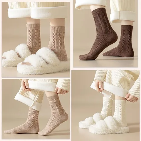 Women's Winter Thickened Warm Wool Cable Knit Crew Socks Soft Cozy Solid Color Thermal Casual Sleep Socks
