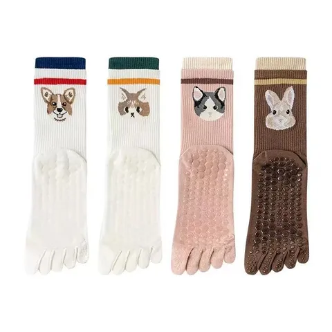 Women Non Slip Yoga Socks Five Toe Athletic Pilates Socks Cute Cartoon Animal Embroidery Cotton Mid Tube Sports Socks
