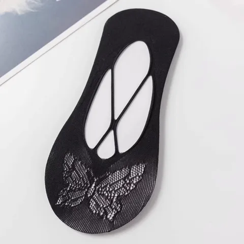 Women Summer Thin Invisible Boat Socks Cotton Blend Anti-Slip Strap Butterfly Pattern Low Cut Casual Socks