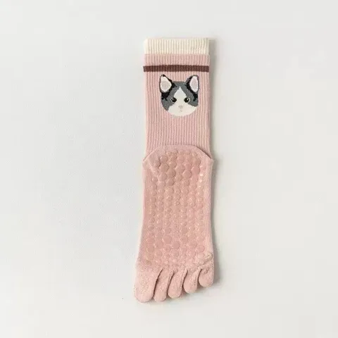Women Non Slip Yoga Socks Five Toe Athletic Pilates Socks Cute Cartoon Animal Embroidery Cotton Mid Tube Sports Socks