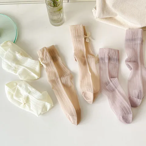 Women Summer Thin Lolita JK Princess Ballet Style Bowknot Stockings Breathable Sweet Casual Nylon Crew Socks