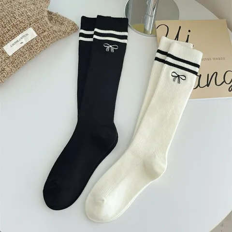 Women's Sweet Lolita Cute Bowknot Embroidered Knee High Socks Casual Cotton Double Stripe Long Tube Socks