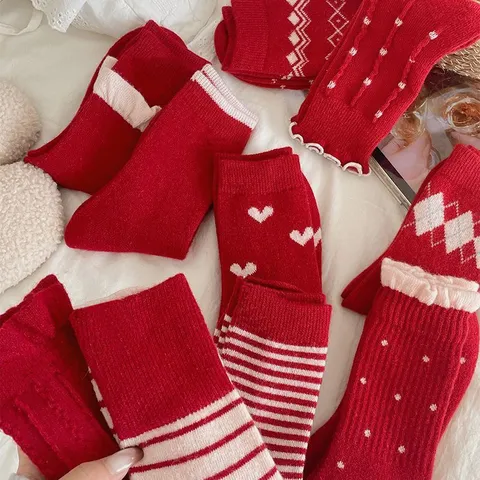 Women Thickened Warm Wool Mid Tube Socks Winter Casual Striped Heart Polka Dot Fashion Knit Hosiery