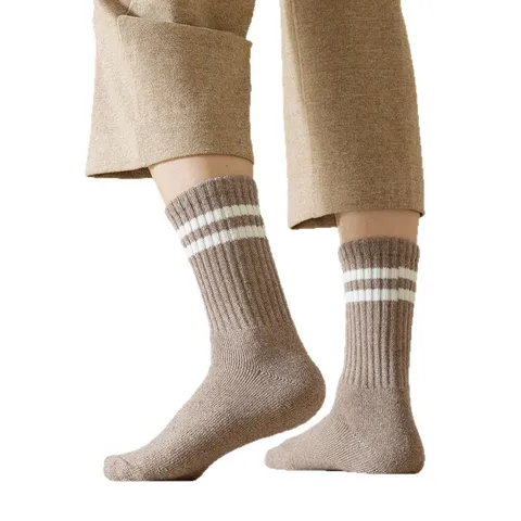 Men's Winter Thickened Warm Loop Socks Mid Tube Casual Sports Terry Socks Solid Color Double Stripe Thermal Socks