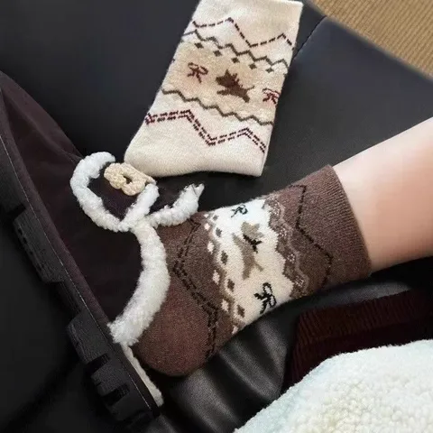 Women Thickened Warm Mid Calf Socks Retro Fair Isle Puppy Bow Pattern Cotton Winter Casual Snow Boots Long Socks
