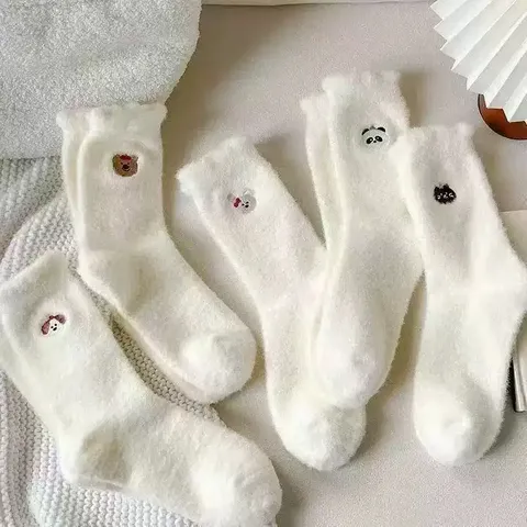 Women Winter Thickened Fleece Warm Sleep Socks Cute Cartoon Embroidery Slouch Socks White Thermal Mid Tube Socks