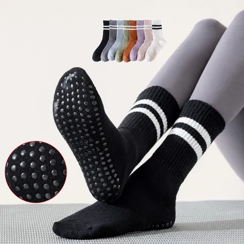 Professional Non-Slip Pilates Yoga Socks Mid-Tube Solid Color Sports Floor Fitness Socks Breathable Cotton Blend
