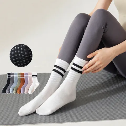 Professional Non-Slip Pilates Yoga Socks Mid-Tube Solid Color Sports Floor Fitness Socks Breathable Cotton Blend