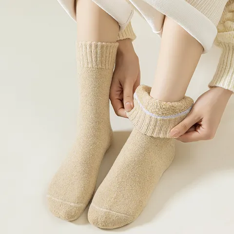 Thickened Cashmere Sleep Socks For Women Solid Color Mid Tube Winter Warm Floor Socks Casual Soft Thermal Hosiery