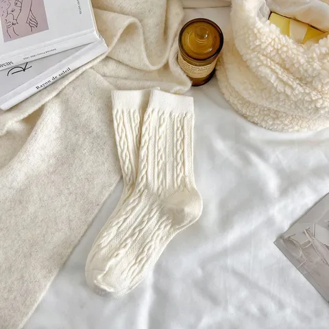 Women Winter Thickened Cable Knit Wool Socks Warm Mid Calf Boot Socks Cozy Solid Color Thermal Casual Socks