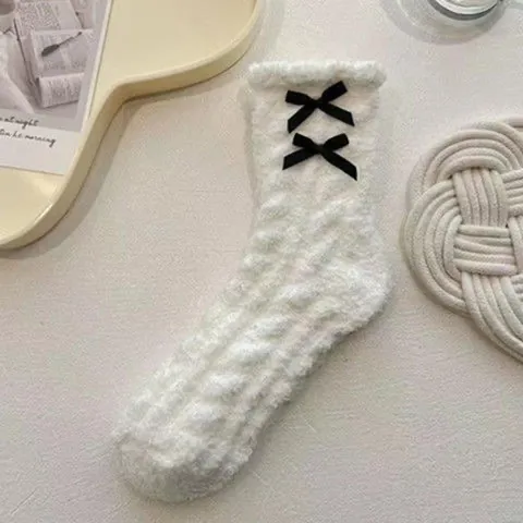Women Winter Thickened Coral Fleece Sleep Socks Sweet Bow Floral Warm Floor Socks Cozy Home Sleepwear