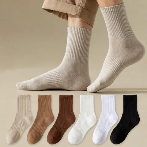 Men's Winter Business Socks Thickened Thermal Cotton Blend Crew Socks Solid Color Ribbed Anti Odor Dress Socks