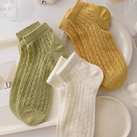 Women Casual Cotton Hollow Out Mesh Short Socks Sweet Lolita Lace Ruffle Low Cut Breathable Summer Daily Socks