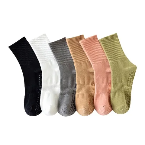 Women Solid Color Cotton Sports Yoga Socks Non-Slip Breathable Fitness Pilates Trampoline Dance Athletic Mid-Tube Socks