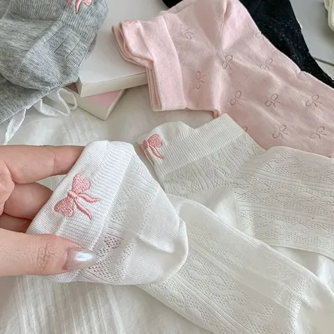 Women's Short Tube Socks Cotton Blend Cute Bow Embroidery Breathable Mesh Low Cut Casual Daily Socks