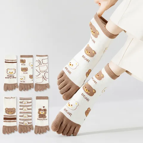 Calcetines de Cinco Dedos para Mujer Lindo Patrón de Oso de Dibujos Animados Verano Algodón Fino Media Pantorrilla Transpirable