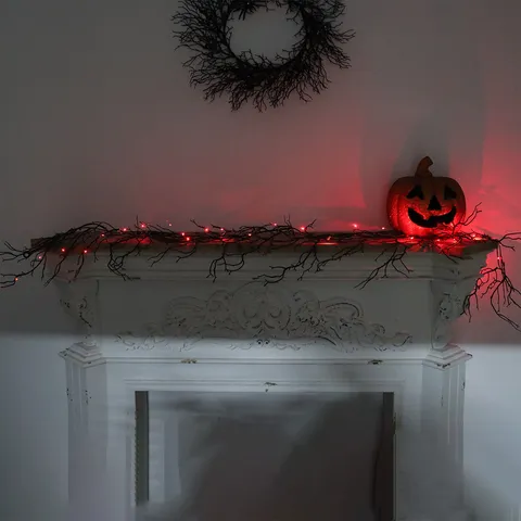 Halloween Black Dead Branch Vine Garland With Red LED Lights Artificial Twig Vine For Fireplace Door Bar Decor Horror Theme Garland