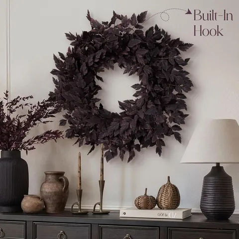 Halloween Artificial Eucalyptus Leaf Wreath Dark Burgundy Brown Front Door Hanging Garland For Autumn Home Wall Decoration
