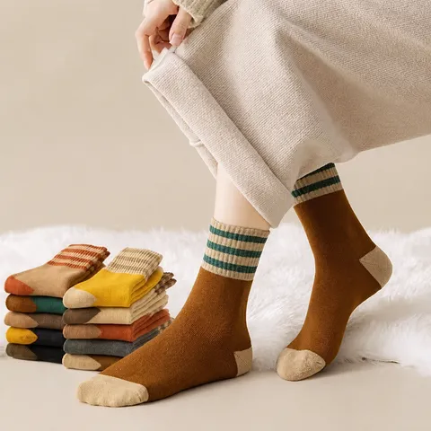 Women's Thickened Thermal Terry Mid-Tube Socks Autumn Winter Striped Cozy Warm Cotton Casual Socks For Ladies