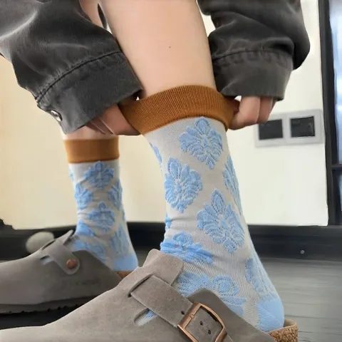 Chaussettes Mi-Mollet Géométriques Gaufrées de Style Vintage pour Femmes Bloc de Couleur Chaussettes Ras du Cou en Coton Décontractées