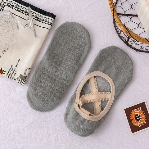 Women Non Slip Yoga Socks Pilates Barre Dance Fitness Short Socks Cotton Breathable Ballet Cross Strap Athletic Socks