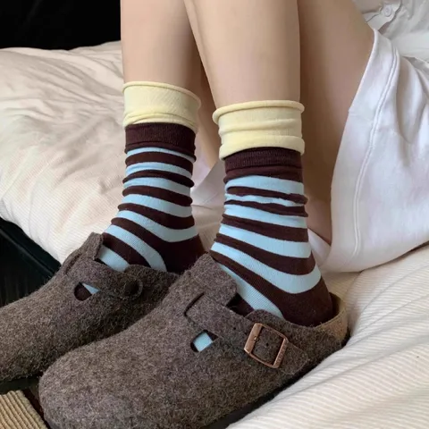 Women Colorblock Striped Double Layer Cuff Stacked Socks Japanese Casual Sports Mid-Calf Socks