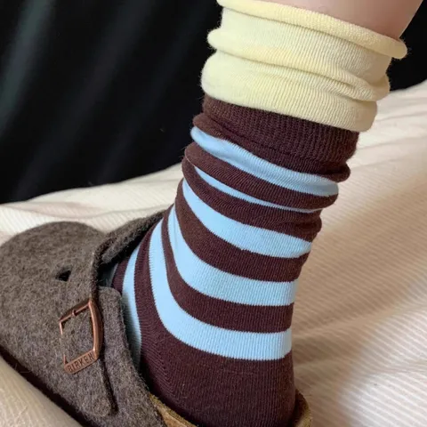 Women Colorblock Striped Double Layer Cuff Stacked Socks Japanese Casual Sports Mid-Calf Socks