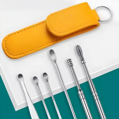 Kit De Cure-Oreilles Portable En Acier Inoxydable Outil D'Élimination Du Cérumen Avec Étui En Cuir Pour Soins Quotidiens