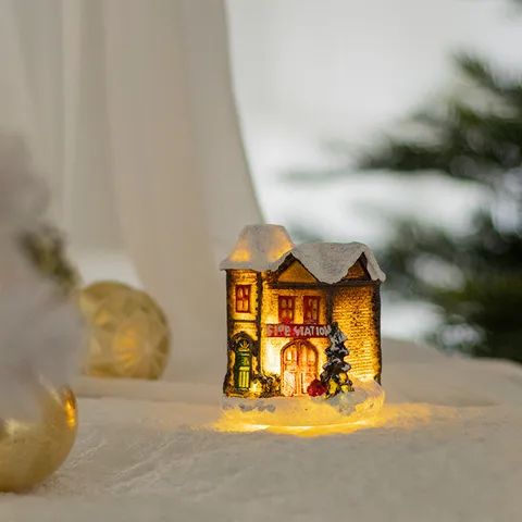 LED Lighted Resin Christmas Village Miniature House Desktop Ornament Snow Scene Fire Station City Hall Xmas Decor Gift