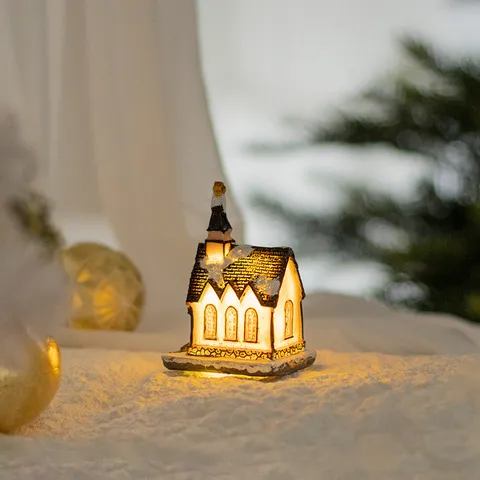 LED Lighted Resin Christmas Village Miniature House Desktop Ornament Snow Scene Fire Station City Hall Xmas Decor Gift