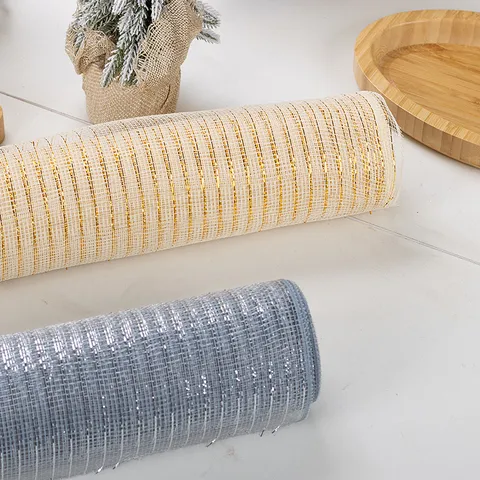Metallic PP Mesh Ribbon Roll For Christmas Tree Decoration Holiday Wreath DIY Craft Gold Silver Red White Striped Decorative Mesh