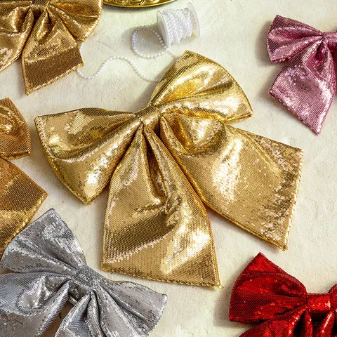 Large Christmas Sequin Bowknot Ornaments Glitter Gold Silver Red Pink EPE Cotton Stuffed Festive Hanging Decoration For Christmas Tree Home Party Decor