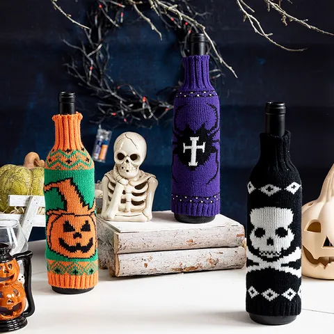 Funda de Punto para Botella de Vino de Halloween Calabaza Calavera Araña Jacquard Bolsa de Vino para Decoración de Mesa